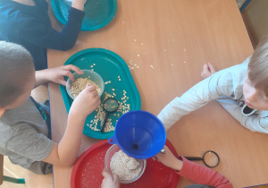 Dzieci przy stoliku bawią się w poznawanie i przesypywanie różnych materiałów