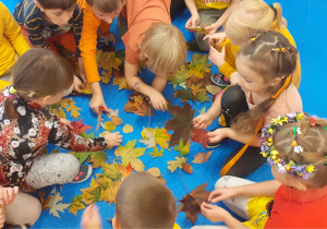 Dzieci na dywanie wybierają liście do pracy plastycznej