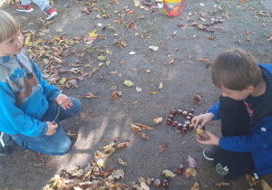 Dzieci układają rzeźby i wzory z darów jesieni