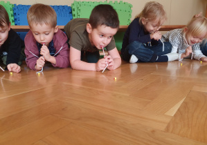Ćwiczenia oddechowe- dzieci za pomocą słomki przepychają małą piankę do wyznaczonej mety.