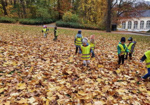 Zabawa dzieci wśród jesiennych liści w parku