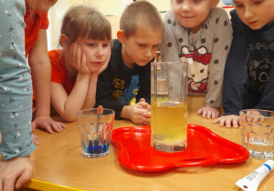 Dzieci obserwują reakcje chemiczne w pojemniku z olejem, sodą i wodą