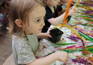 Dzieci ozdabiają swoje rośliny.