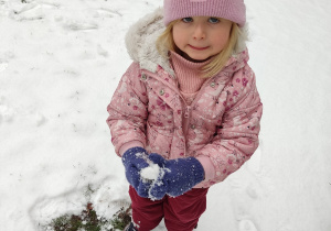 Dziewczynka robi kulkę ze śniegu.