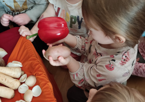 Dziewczynka trzyma w ręku paprykę i ziemniaka.