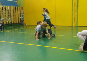 Na zdjęciu dzieci na sali gimnastycznej biorą udział w zajęciach sportowych