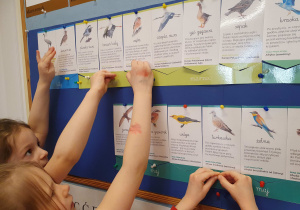 Na zdjęciu dzieci całą grupą układają kalendarz przylotów ptaków