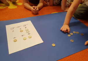 Na zdjęciu dzieci bawią się monetami. Układają je na kartce i wykonują działanie dodawania.